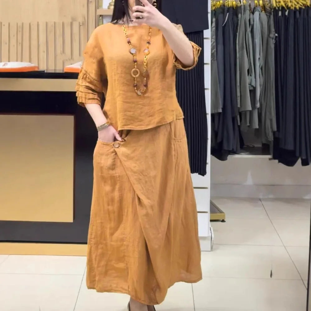 Conjunto Bellarive™ Em Linho de Algodão Com Blusa Ampla e Saia Transpassada