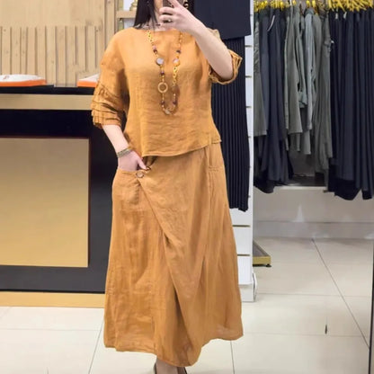 Conjunto Bellarive™ Em Linho de Algodão Com Blusa Ampla e Saia Transpassada