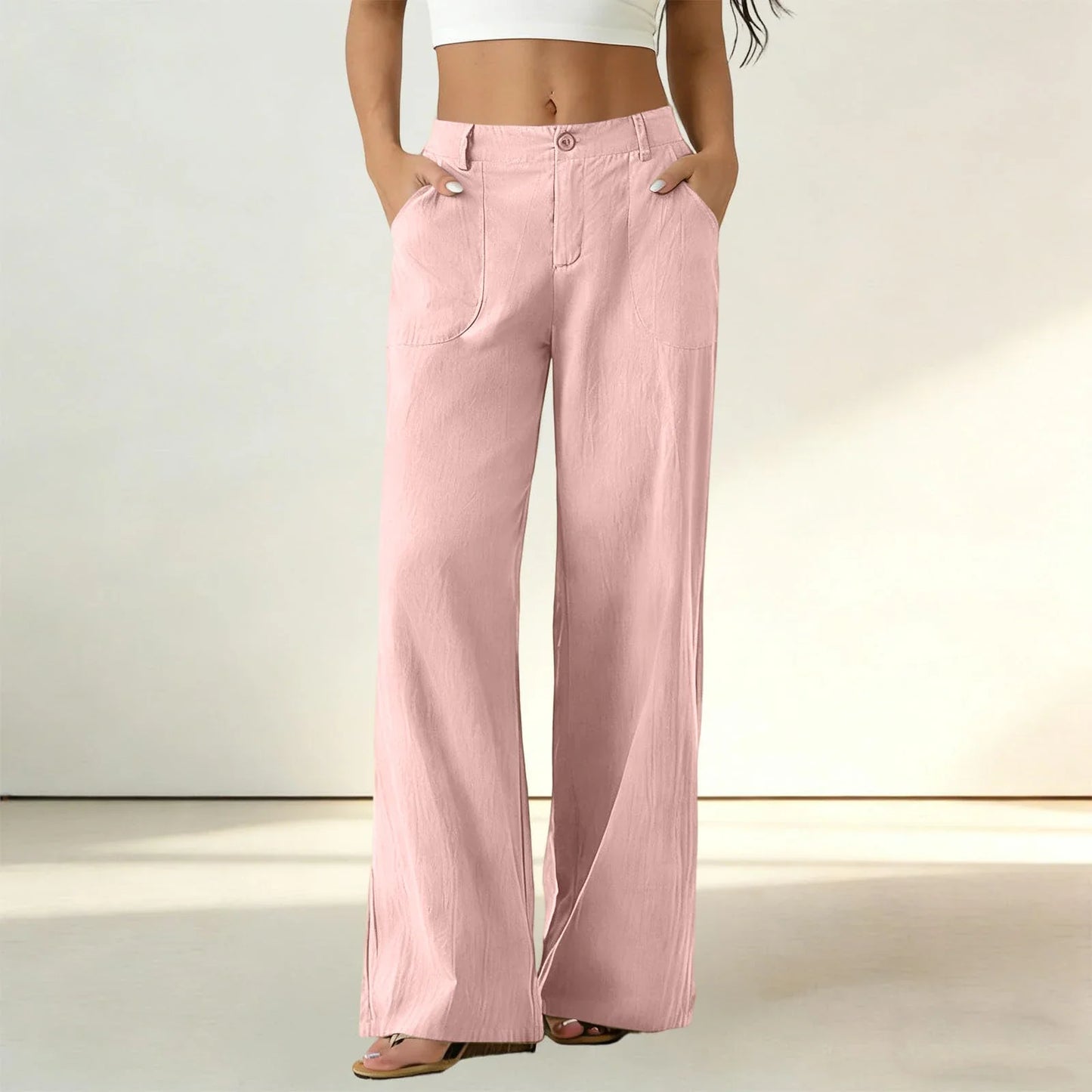 Calça Sorena™ com Cintura Alta, Bolsos Amplos e Modelagem Reta / Conforto Que Mantém o Visual Bem Alinhado