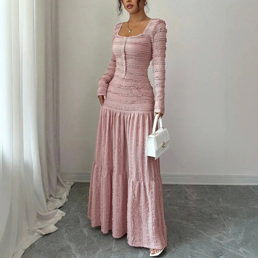 Vestido Longo Úrsula™ em Malha Plissada com Abotoamento Frontal