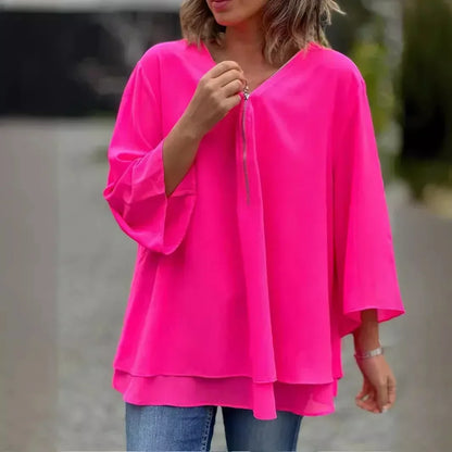 Blusa Margiela™ com Decote V Regulável e Barra em Duas Camadas / Leve, Fresca e Incrivelmente Versátil!