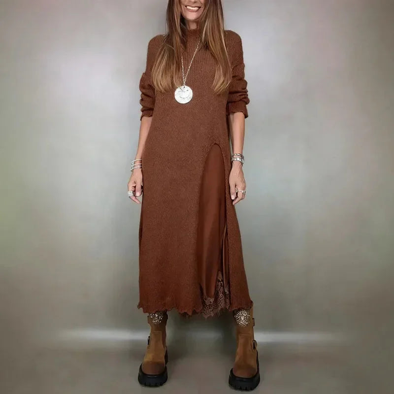 Conjunto Valérie™ de Vestido Acetinado com Babados e Sobreposição Longa com Fenda