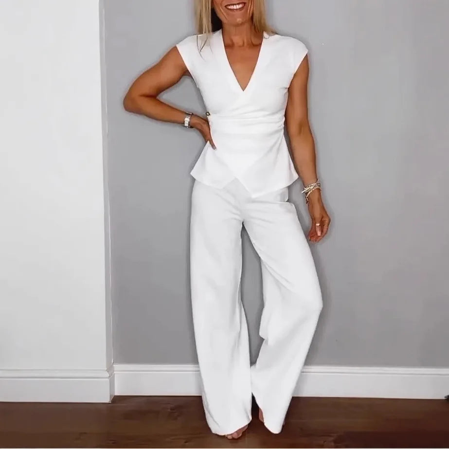 Conjunto Valerisse™ com Blusa Transpassada e Calça Pantalona