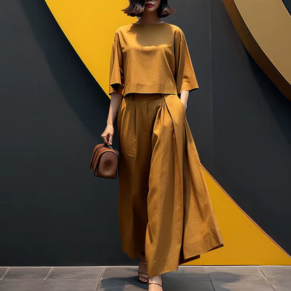 Conjunto Sofia™ com com Blusa Cropped Soltinha e Calça Saia de Cintura Alta