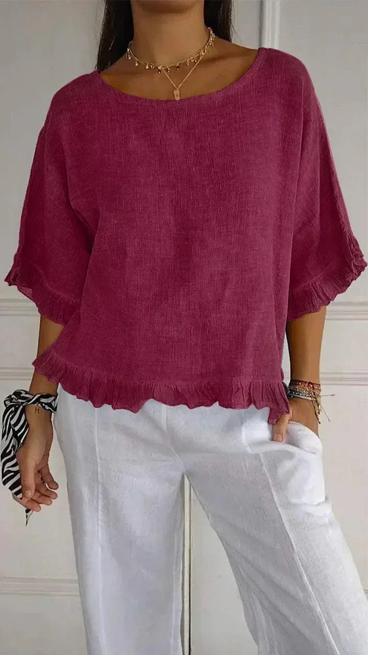 [BLACK FRIDAY - COMPRE 2 E LEVE 3] Blusinha Bellatriz™ com Babado e Caimento Solto em Algodão/ Conforto e Estilo para Mulheres Modernas!