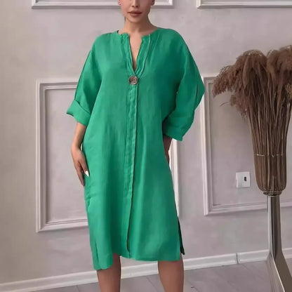 Vestido Copacabana™ em Linho de Algodão com Modelagem Solta / Elegância Tropical com Toque de Sofisticação Carioca!