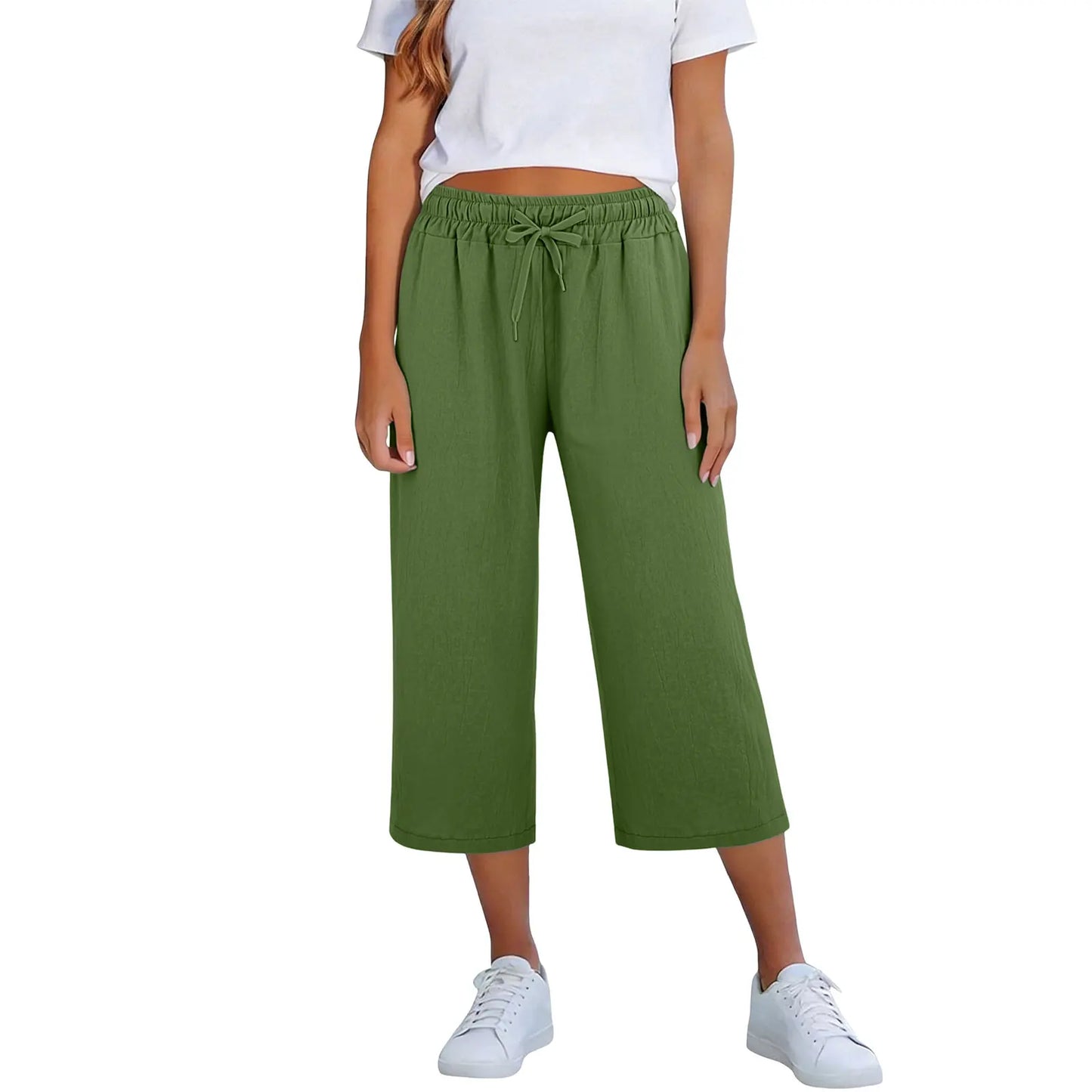 Calça Lisia™ Pantacourt em Linho de Algodão com Cintura Elástica e Cordão Ajustável / Conforto Leve Para Usar Todos Os Dias!