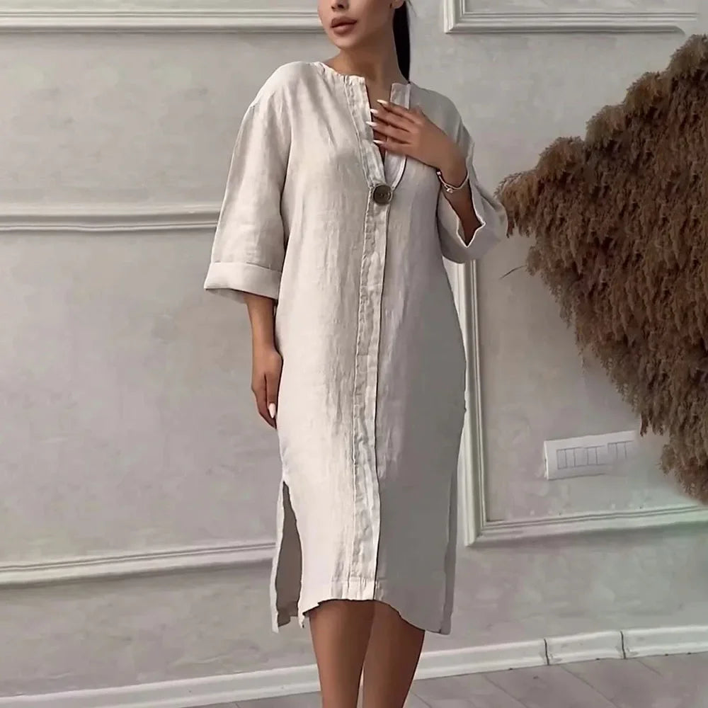 Vestido Copacabana™ em Linho de Algodão com Modelagem Solta / Elegância Tropical com Toque de Sofisticação Carioca!