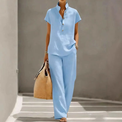 Conjunto Marelisse™ em Linho de Algodão Com Blusa Solta e Pantalona Fluida
