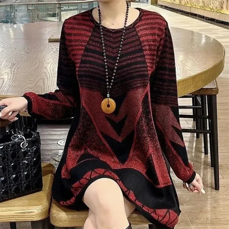 Suéter Tereza™ em Tricot Estampado com Modelagem Solta / Sofisticação Madura e Conforto Elegante Para os Dias Frios!
