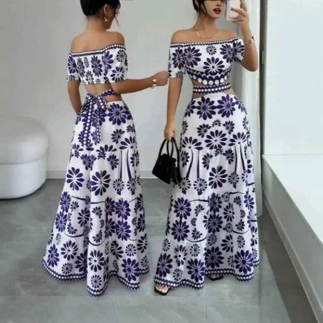 Vestido Amalina™ Com Decote Ombro A Ombro, Cintura Vazada e Estampa Chique / Visual Leve Com Toque Sofisticado