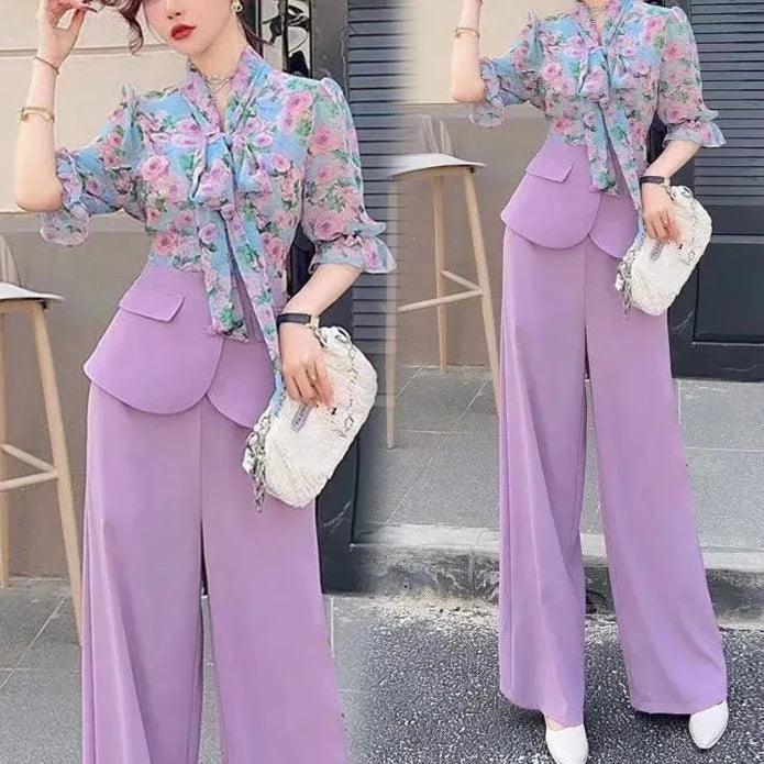 Conjunto Floribella™ em Chiffon com Blusa Floral + Calça Palazzo / O Look Que Deixa Qualquer Mulher Exalando Elegancia e Glamour!