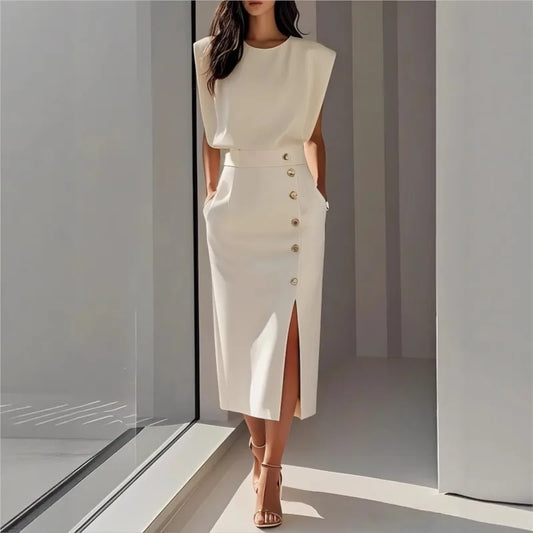 Vestido Maelle™ Midi com Ombros Estruturados, Botões Chiques e Fenda Frontal / Presença Elegante Para Ocasiões Marcantes