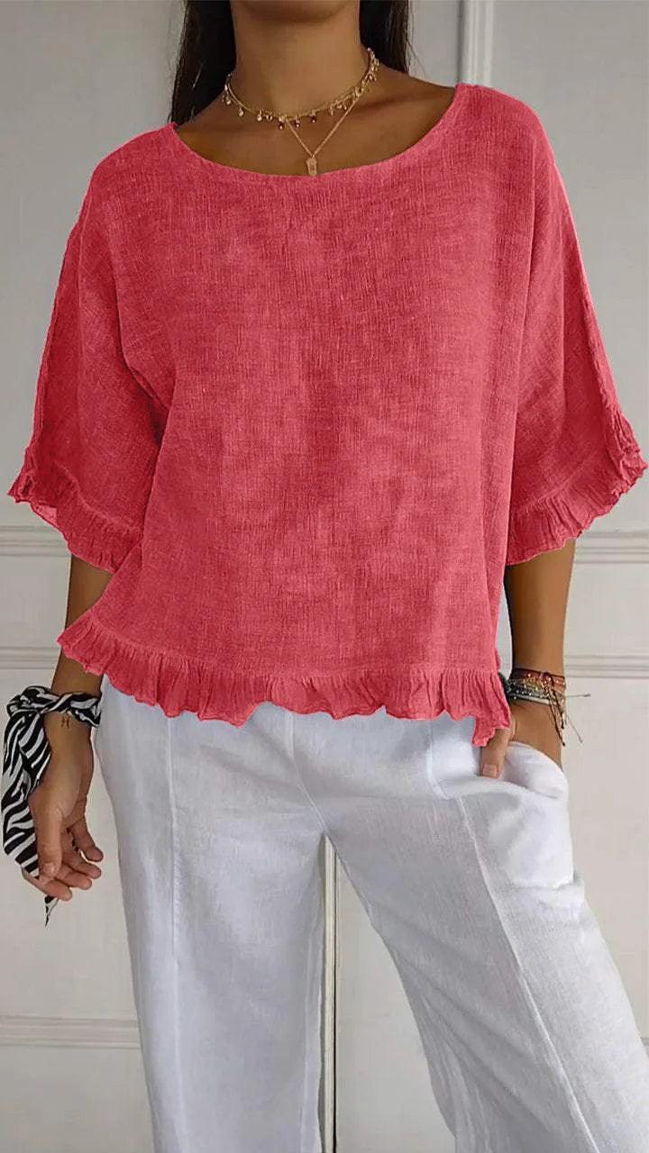 [BLACK FRIDAY - COMPRE 2 E LEVE 3] Blusinha Bellatriz™ com Babado e Caimento Solto em Algodão/ Conforto e Estilo para Mulheres Modernas!