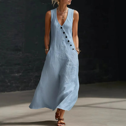 Vestido Midi Antonella™ com Botões Elegantes e Decote em V