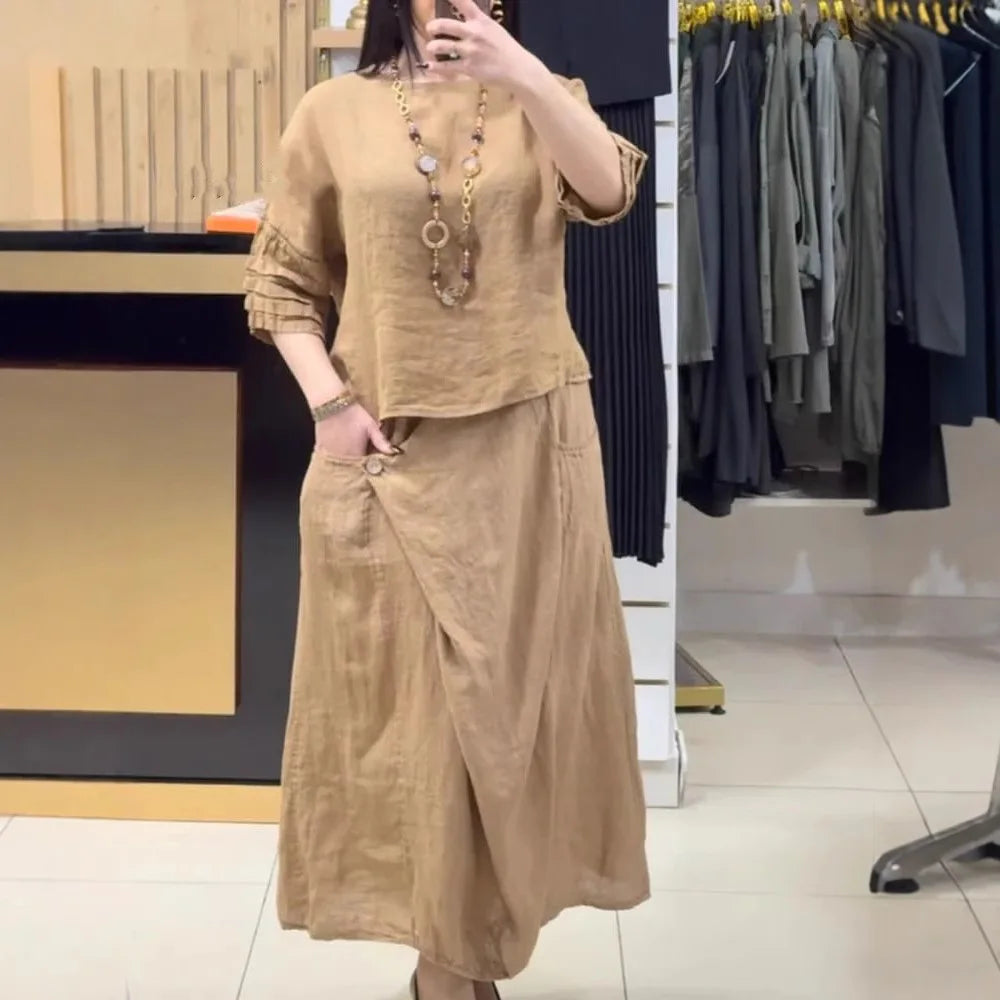 Conjunto Bellarive™ Em Linho de Algodão Com Blusa Ampla e Saia Transpassada