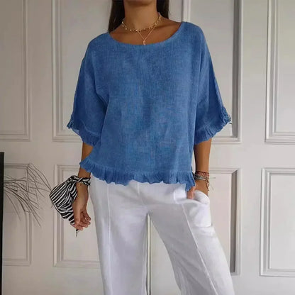 [BLACK FRIDAY - COMPRE 2 E LEVE 3] Blusinha Bellatriz™ com Babado e Caimento Solto em Algodão/ Conforto e Estilo para Mulheres Modernas!