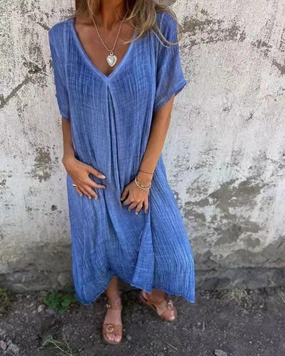Vestido Serena™ com Caimento Solto e Gola V / Conforto Leve e Estilo Natural para Qualquer Ocasião!