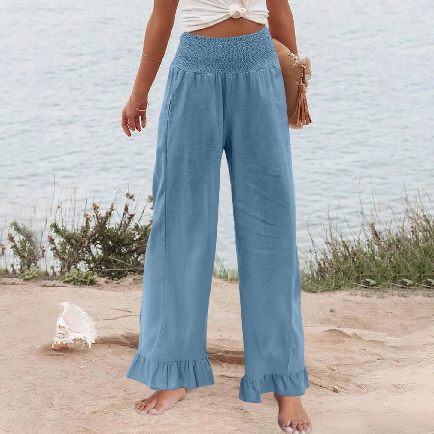 Calça Amaris™ em Linho com Algodão, Cintura Alta Modeladora e Babados Delicados