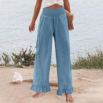 Calça Amaris™ em Linho com Algodão, Cintura Alta Modeladora e Babados Delicados