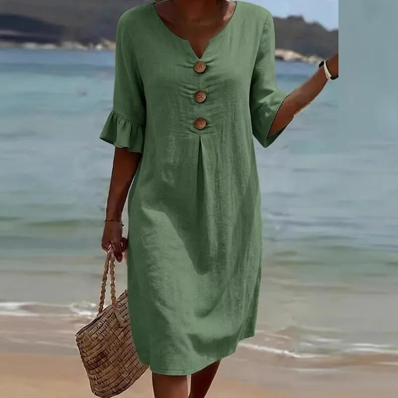 Vestido Liora™ em Linho de Algodão com Botões Frontais e Caimento Leve
