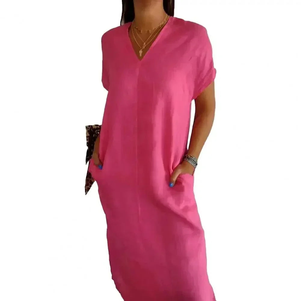 Vestido Galdino™ em Linho de Algodão /Gola em V, Laço nas Costas e Fendas que Realçam Sua Beleza!