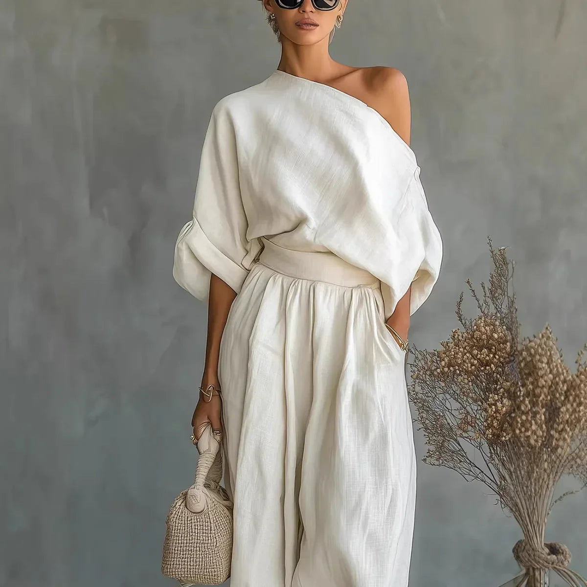 Conjunto Linnea™ com Blusa de Um Ombro Só e Calça Cintura Alta com Punho na Barra