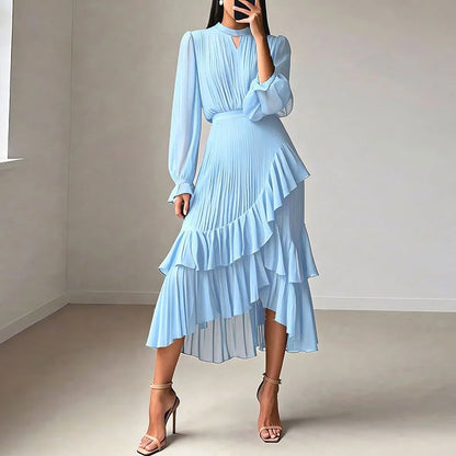 Vestido Lioren™ com Plissado Sofisticado e Babados Assimétricos