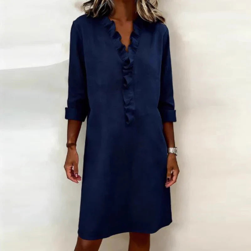Vestido Calyra™ com Babados no Decote e Caimento Elegante