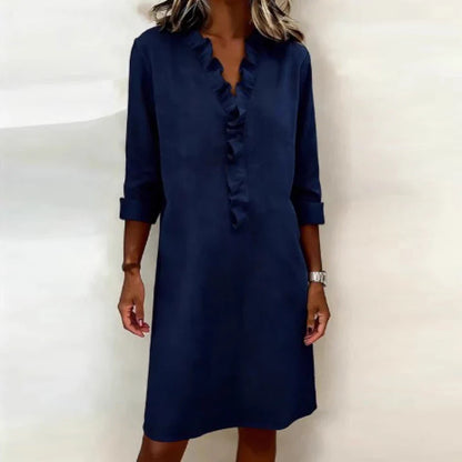 Vestido Calyra™ com Babados no Decote e Caimento Elegante