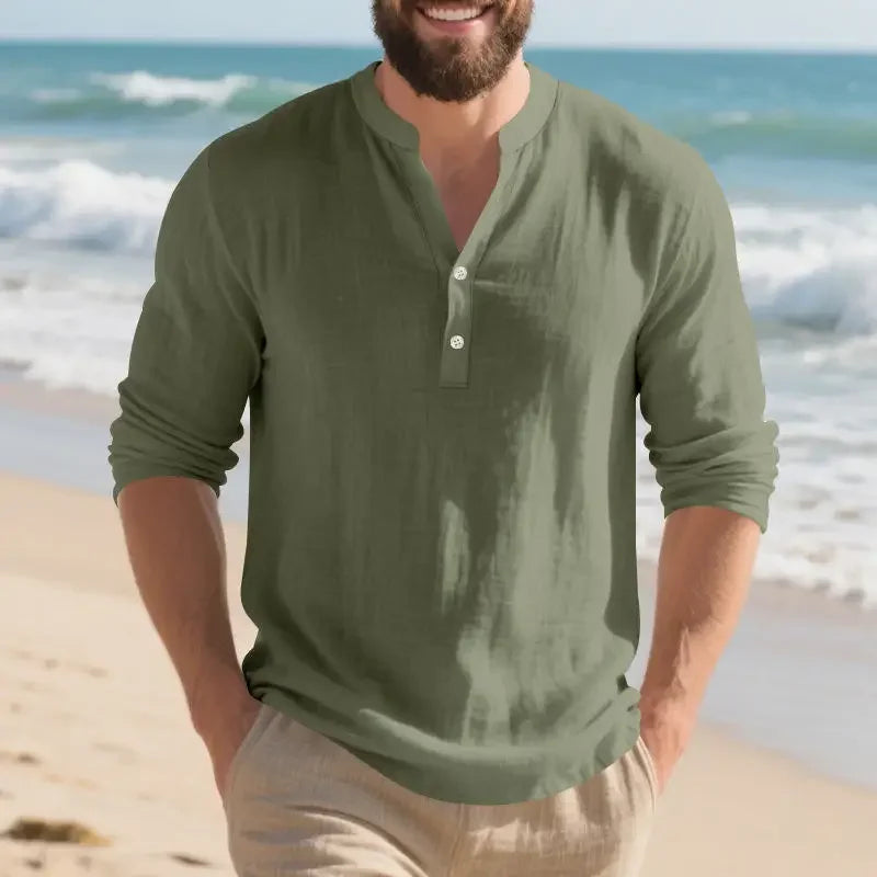 Camisa Orvian™ em Linho Premium com Gola Henley minimalista
