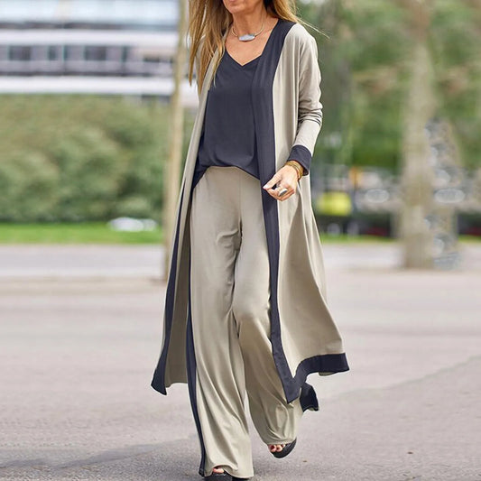Conjunto Seravelle™ com Cardigan Longo, Blusa de Decote em V e Calça Pantalona / Três Peças Para Um Visual Completo e Refinado