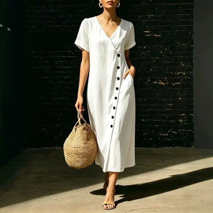 Vestido Midi Clarisa™ Com Decote em V e Botões Chiques / Um Visual Sofisticado Sem Esforço