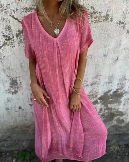 Vestido Serena™ com Caimento Solto e Gola V / Conforto Leve e Estilo Natural para Qualquer Ocasião!