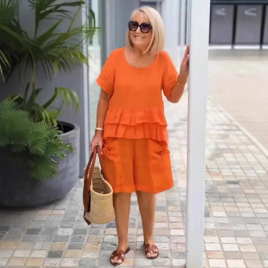 Conjunto Sorella™ Com Blusa De Babados Em Camadas E Bermuda Com Bolsos / Leveza Que Valoriza A Rotina