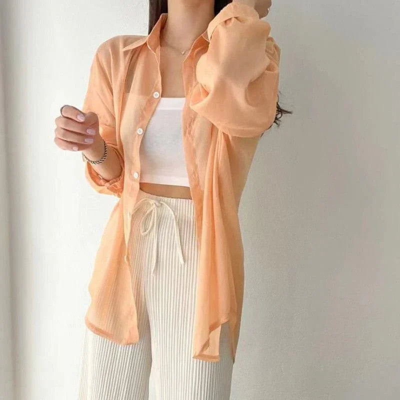 (Promoção Compre 1, Leve 2) Camisa Chiqué™ Estilo Sobretudo em Chiffon / Proteja-se do Sol com Muita Elegância e Estilo!!