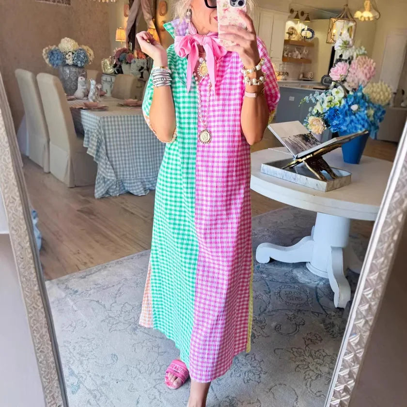 Vestido Colorie™ com Gola Camisa e Xadrez em Blocos