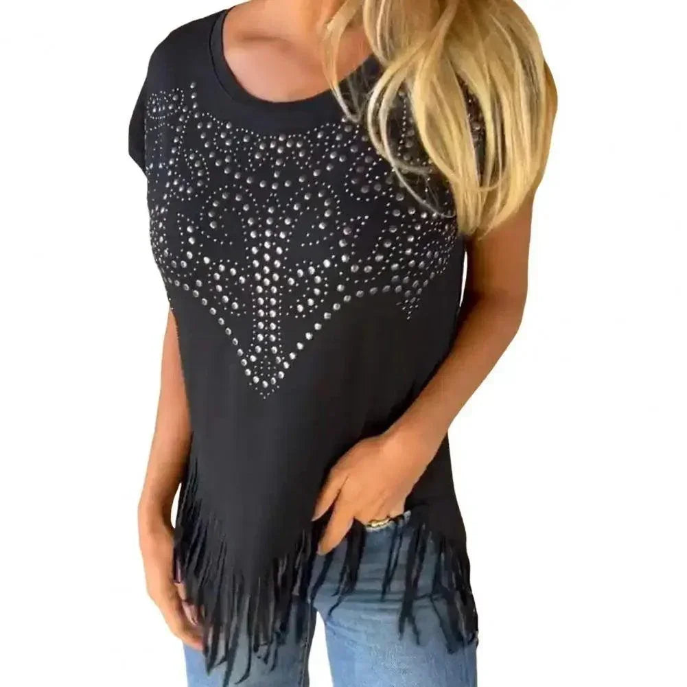 [COMPRE 1 E LEVE 2] Blusa Daisy™ em Popelina Leve com Detalhes de Strass e Franjas / Um Toque Country Moderno para o Seu Estilo!