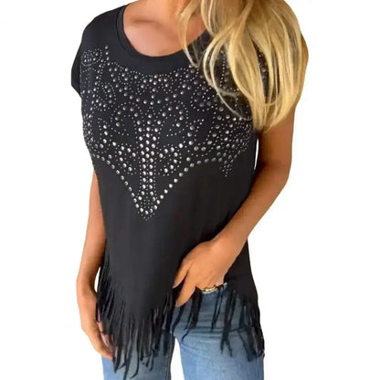 [COMPRE 1 E LEVE 2] Blusa Daisy™ em Popelina Leve com Detalhes de Strass e Franjas / Um Toque Country Moderno para o Seu Estilo!