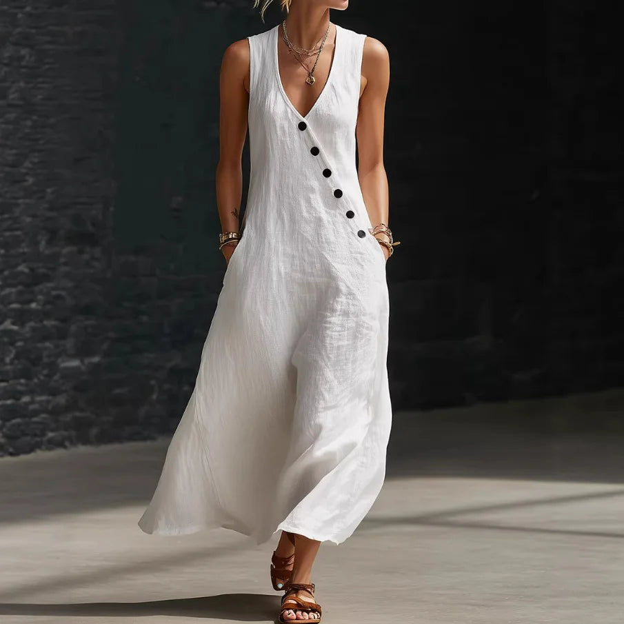 Vestido Midi Antonella™ com Botões Elegantes e Decote em V