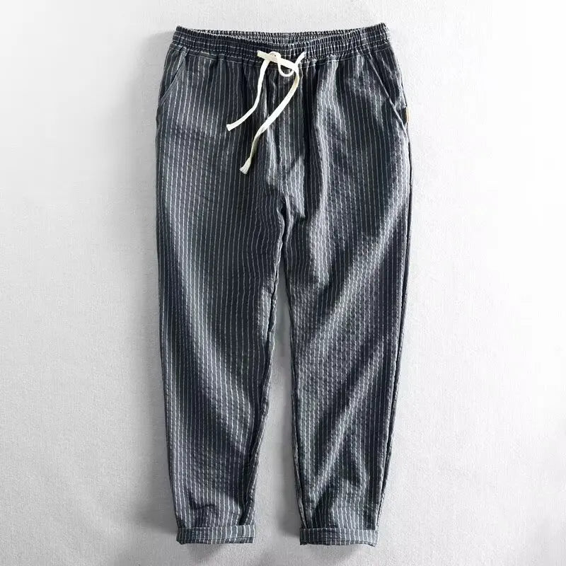 Calça Laurent™ em Linho de Algodão com Listrado Elegante