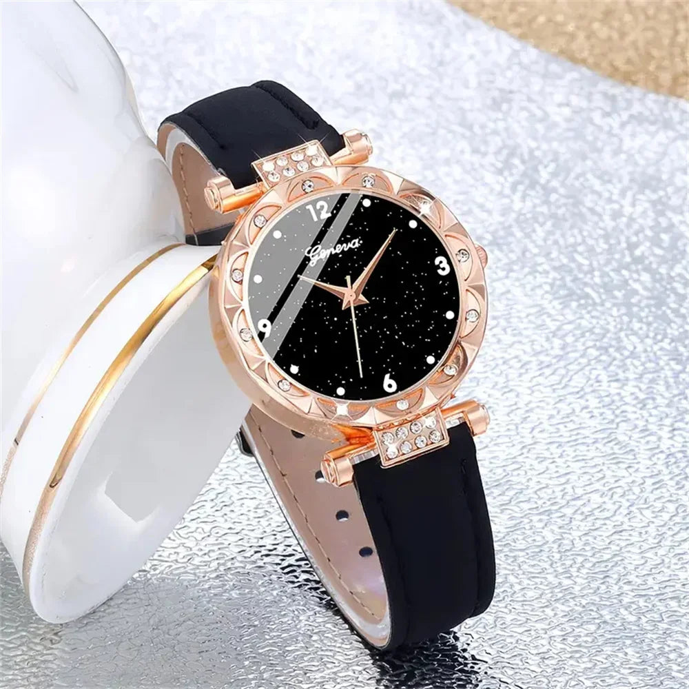 [COMPRE 1, LEVE 3] Conjunto 4 em 1 com Relógio e Joias Cravejadas Royale Noir™/ Luxo Intenso e Elegância Atemporal!