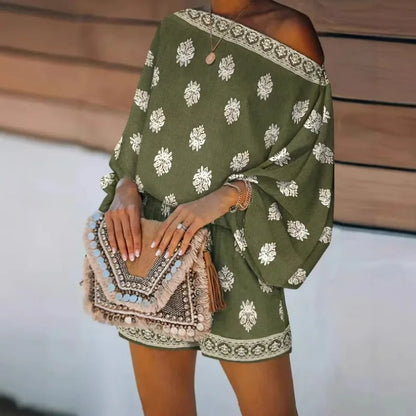 Macaquinho Maravie™ Com Decote Ombro a Ombro e Estampa Boho Chic