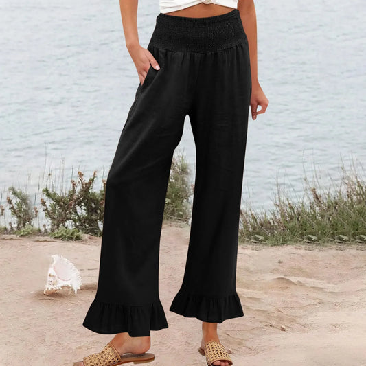 Calça Amaris™ em Linho com Algodão, Cintura Alta Modeladora e Babados Delicados