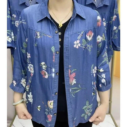 Camisa Jeans Floral Carmen™ - Elegância Floral com Um Toque de Vintage para Primavera e Verão!