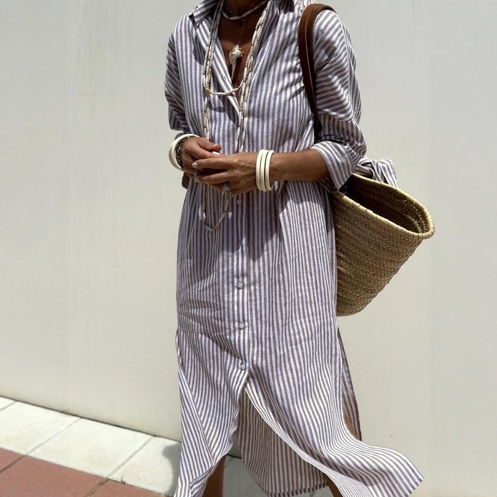Vestido Bellavita™ Com Listras Verticais e Caimento Fluido