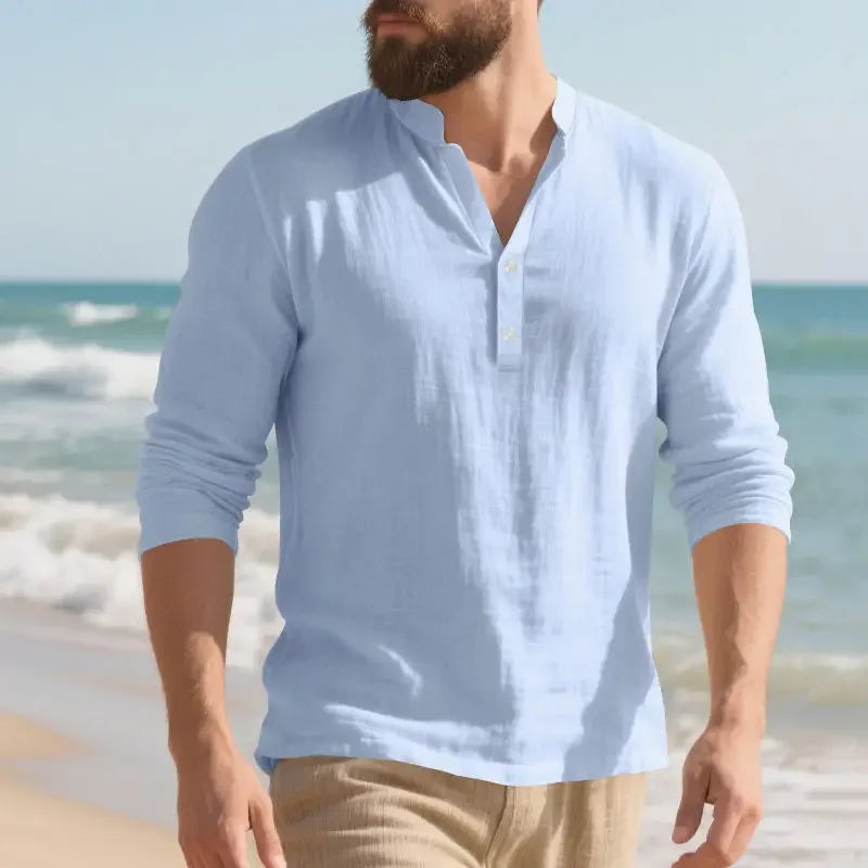 Camisa Orvian™ em Linho Premium com Gola Henley minimalista