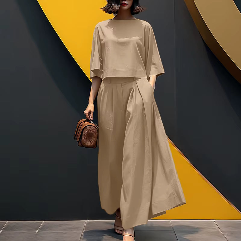 Conjunto Sofia™ com com Blusa Cropped Soltinha e Calça Saia de Cintura Alta