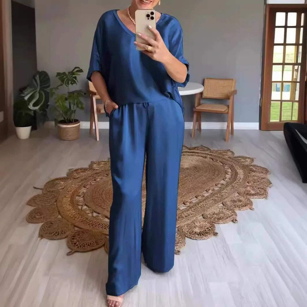 Conjunto Marevielle™ em Tecido Acetinado com Blusa Ampla e Pantalona Fluida