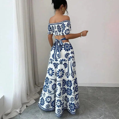 Vestido Amalina™ Com Decote Ombro A Ombro, Cintura Vazada e Estampa Chique / Visual Leve Com Toque Sofisticado
